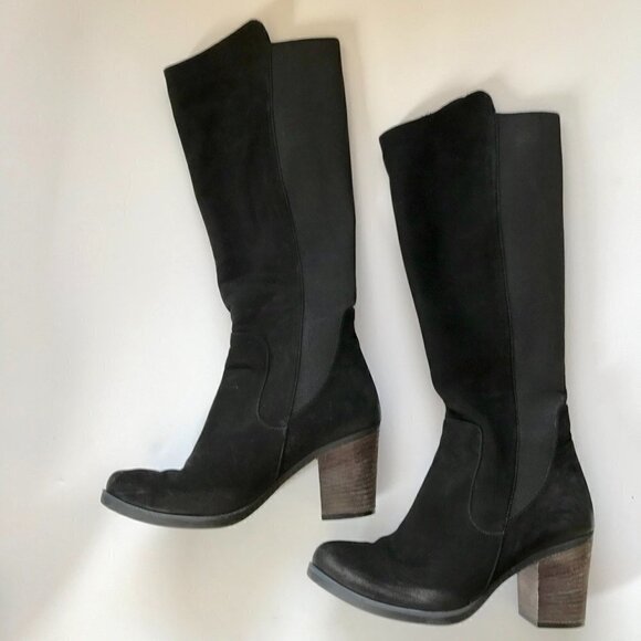 BUENO Black Nubuck Suede Knee-High Stacked Heel Almond Toe Slip-on Elastic EU 39 - Picture 2 of 16